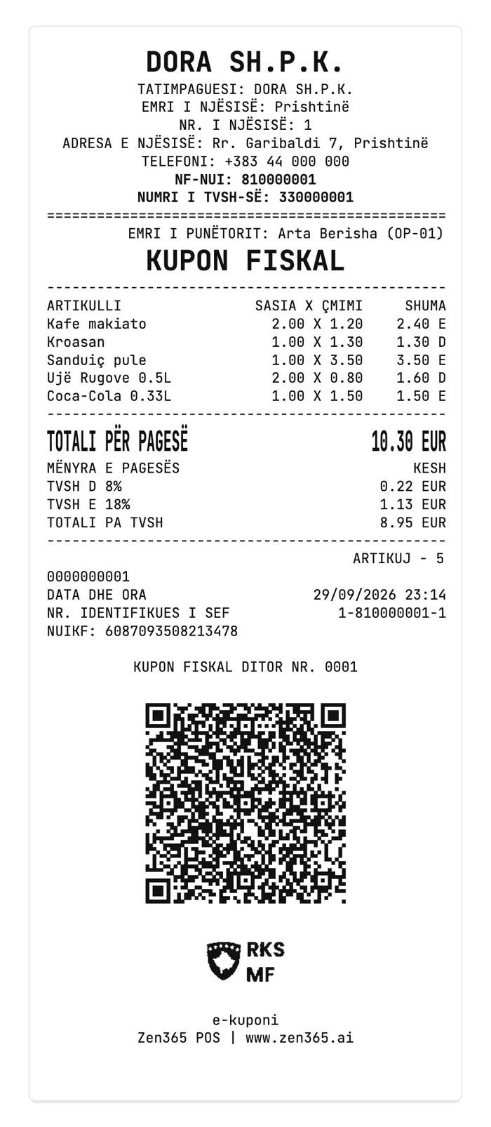 Kuponi fiskal që printon Zen365 POS, me artikujt, TVSH-në dhe kodin QR